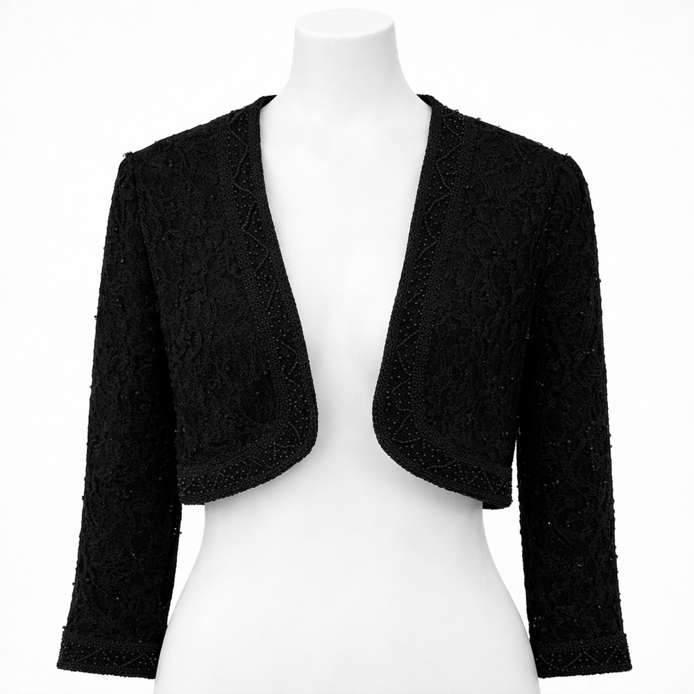 Brilliante by J.A Vintage Black Beaded Black Shrug Overlay Top Size Medium
